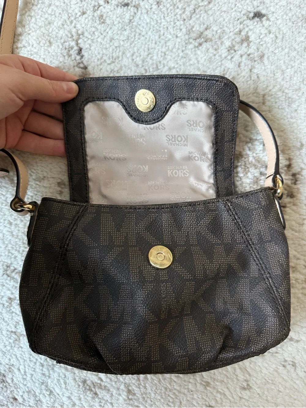 Michael Kors Dark Brown Logo Crossbody with Nude Strap